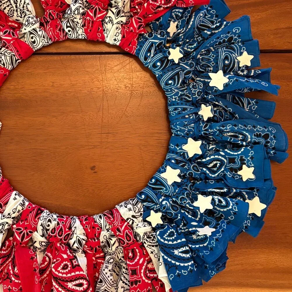 Handmade Patriotic Wreath Bandana Red White Blue Fourth of July 4th Veterans Day